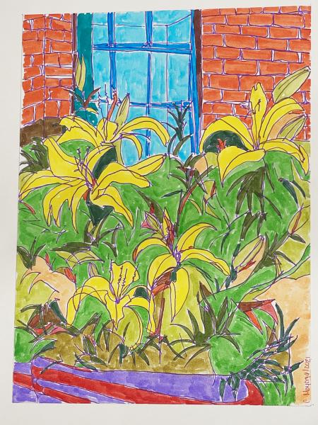Artwork: Rhonda’s Backyard 2, from the Fauve series by Carolina Mayorga. Watercolor and ink on paper. Photo of artwork by Craig Garrett. Reproduced with permission from Carolina Mayorga. 