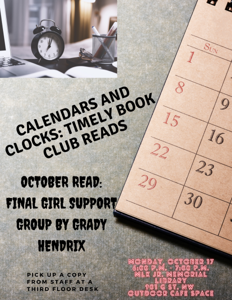 Event graphic with text: Calendars and Clocks, timely book club reads