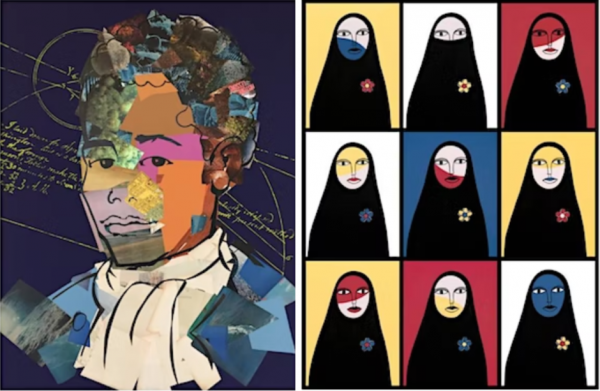 Images, L to R: Imar Lyman [Hutchins], Banna-Ka (Benjamin Banneker), 2019, Acrylic, serigraph and collage on canvas, 72 x 54 in.; Helen Zughaib, Out of the Box, 2018, Gouache on archival pigment print, 60 x 45 in.