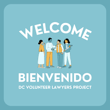 Group of four people gathering. Text reading: Welcome, Bienvenido, DC Volunteer Lawyers Project