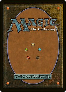 Back of a Magic the Gathering playing card. Image is of a light brown oval on a dark brown background with text reading 