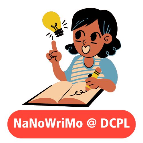Person writing with a lightbulb next to their head, "NaNoWriMo @ DCPL" written below