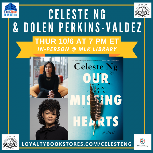 Event graphic with author headshot and book cover for Our Missing Hearts