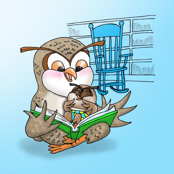 Cartoon adult owl with young owl on its lap reading a book