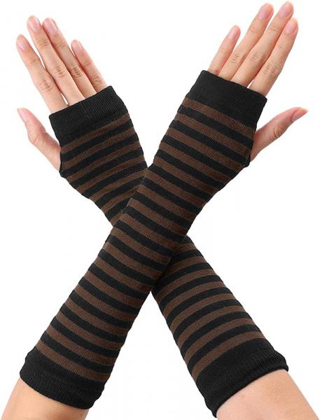 A pair of hands wearing black and brown striped arm warmers. The arms are crossed over each other like an X.