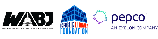WABJ Logo, DC Public Library Foundation Logo, Pepco: An Exelon Company Logo