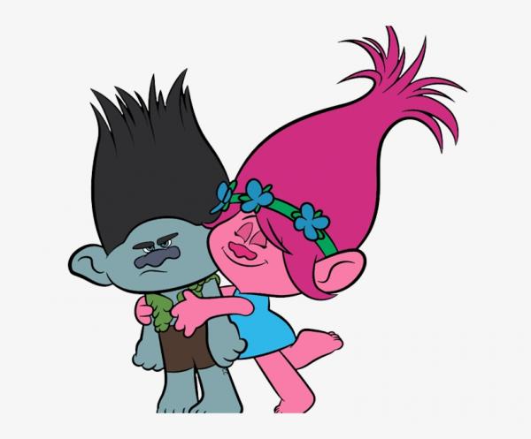 a pink smiling troll hugs a grey grumpy troll
