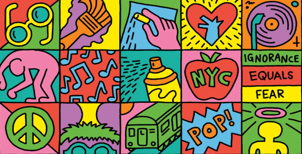 Pop art by Keith Haring featuring dance, paint, trains, music, and other symbols.