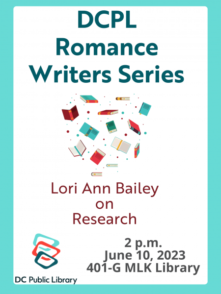 Flyer for DCPL romance writers workshop on research 