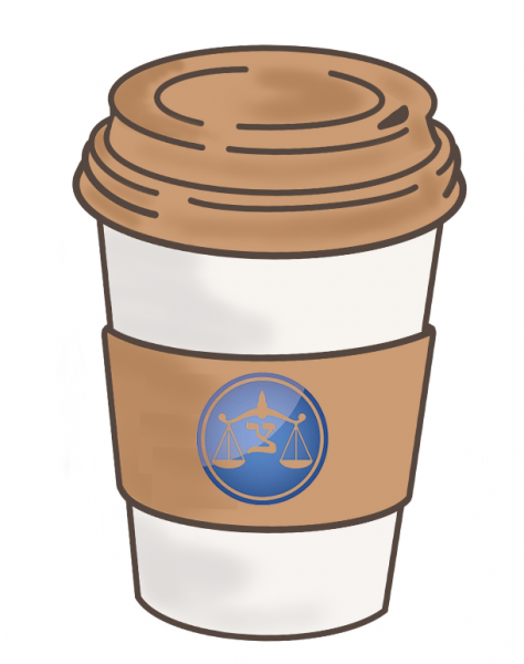 Coffee cup illustration with Tzedek DC blue logo