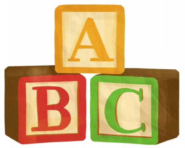 ABC wooden blocks in yellow, red, and green