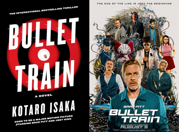 Bullet Train book cover next to the Bullet Train movie poster