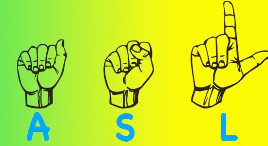 graphic with three hands, signing "ASL" in American Sign Language