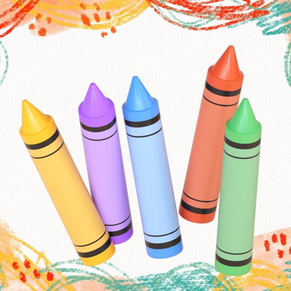 yellow, purple, blue, red, and green crayons