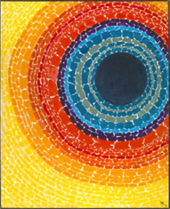 a painting by Alma Thomas featuring yellow, orange, blue and gray.