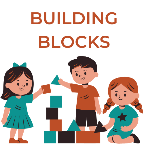 Three cartoon children play with blocks