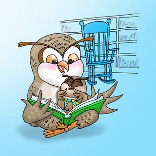 Baby owl sitting in a grown up owl's lap reading a book together.