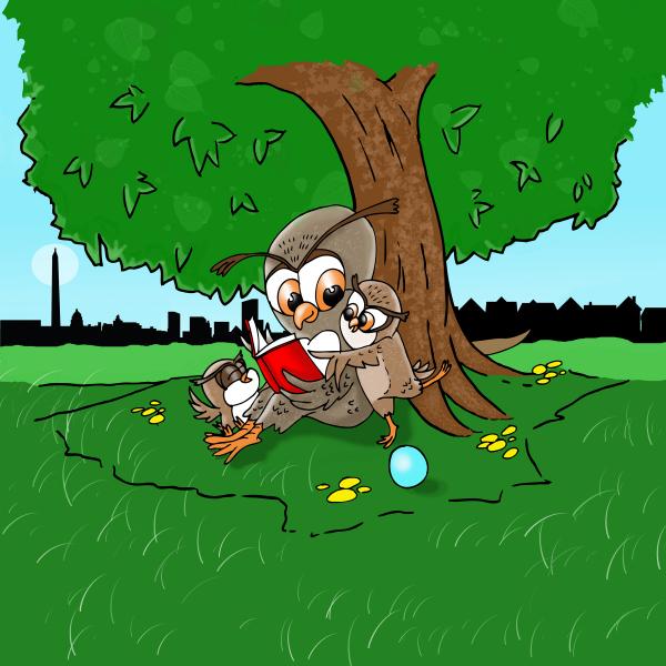 cartoon adult owl sits under a tree reading to two young owls