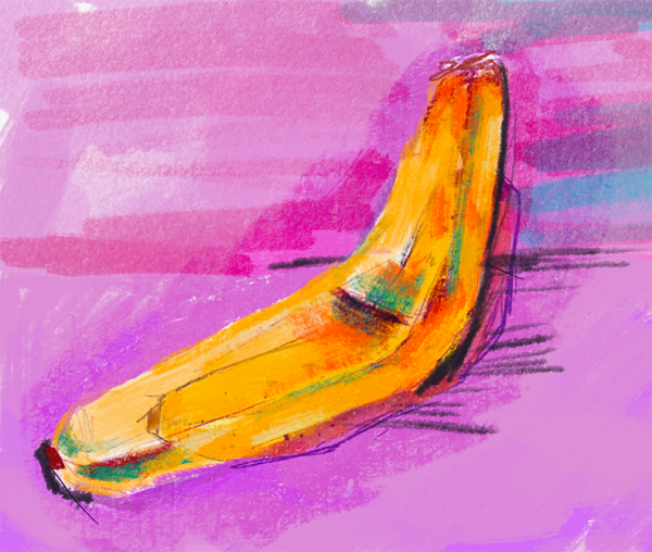 digital painting of a yellow banana on a pink background