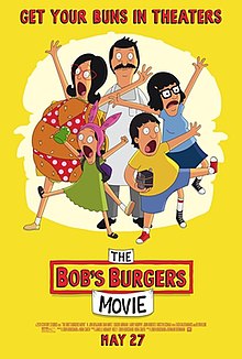The movie poster for The Bob's Burger's Movie. A yellow background with the five main characters-Linda, Bob, Louise, and Gene-standing in a circle screaming. Except for Bob, who stands there stone-faced.