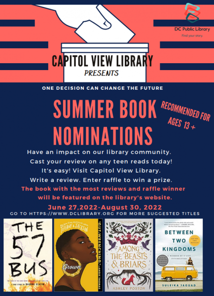 Book nomination flyer with event description and pictures of teen reads