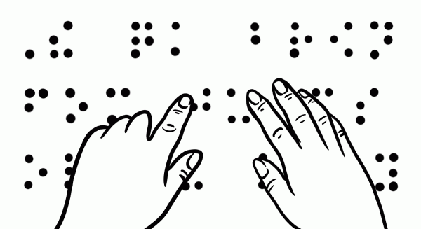 Illustrated hands read braille text