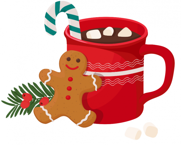 mug of hot coco and a gingerbread person cookie