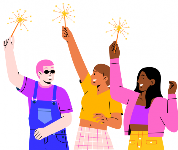 three cartoon people hold sparklers up in the air