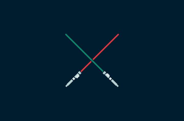 one red and one green lightsaber crossed
