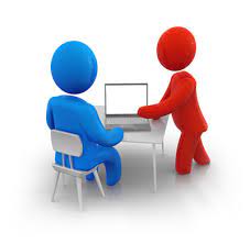 a blue person icon sits in front of a laptop with a red person icon pointing at the computer