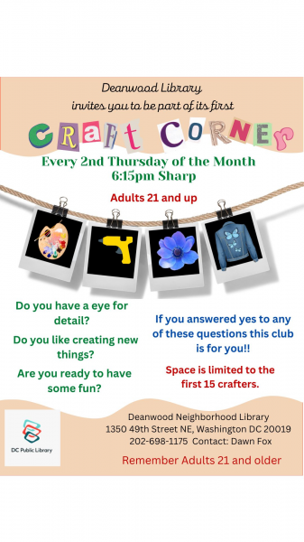 Craft Corner, Every 2nd Thursday of the month, 6:15 pm sharp
