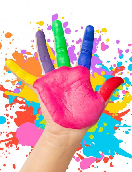 child's palm and fingers painted in yellow, purple, green, blue, red, and pink