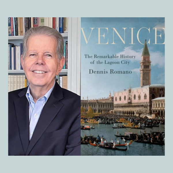 Dennis Romero headshot next to book cover for Venice: The Remarkable History of the Lagoon City