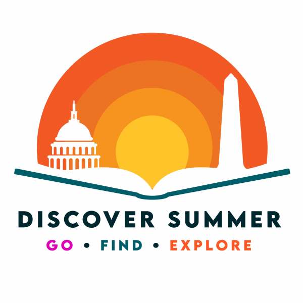 Teal open book with DC landmarks and the sun on the horizon. Text below reads: Discover Summer Go Find Explore