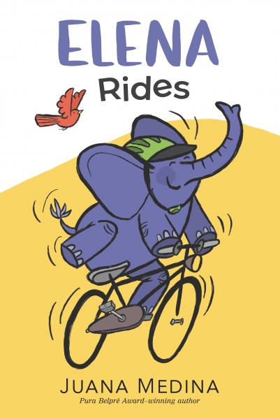 A purple elephant riding a bike. A red bird is flying next to the elephant.le Elena Rides.