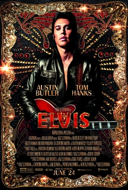 The movie poster for Elvis. Austin Butler, dressed as Elvis Presley in black leather, holding a guitar.