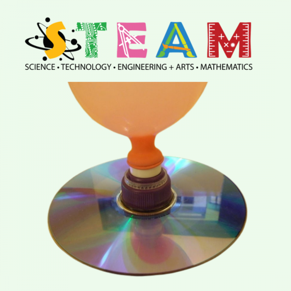 Image of the STEAM graphic above a DIY hovercraft made from a CD, pull-top from a bottle, and a balloon