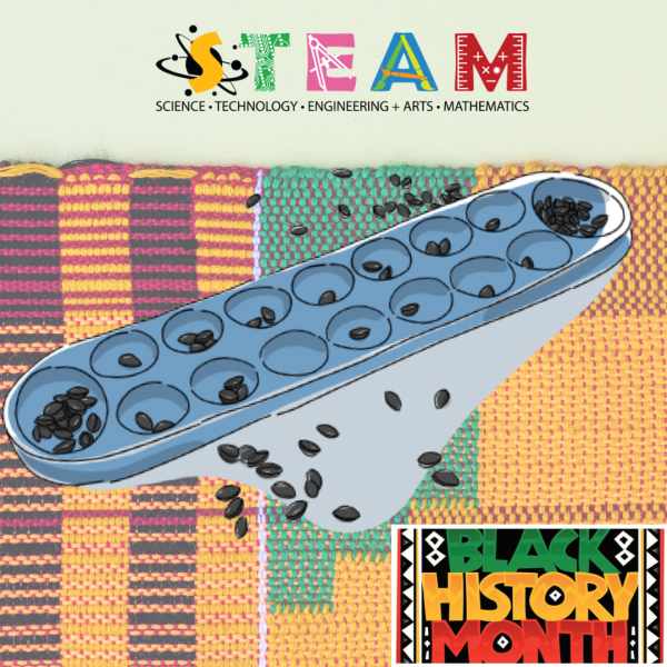 Image of STEAM graphic over mancala board with counters on a kente cloth background with a Black History Month logo in the bottom right corner