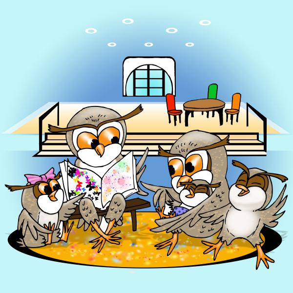 Clip art of two adult owls and three young owls sitting in a circle reading