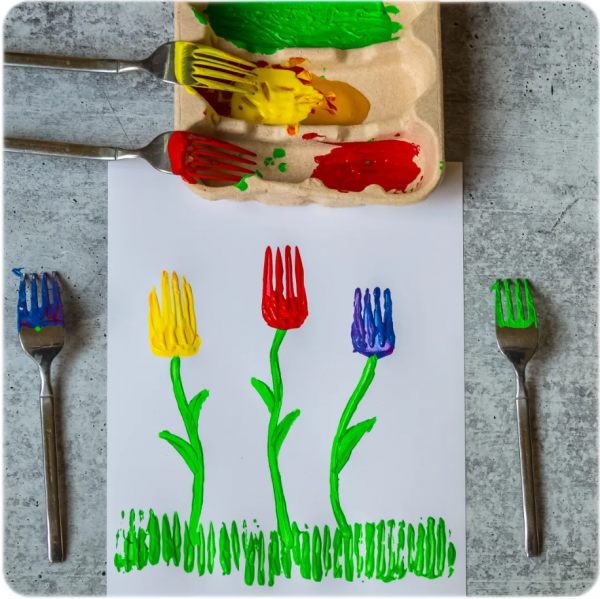 painting of tulips made using the backs of forks