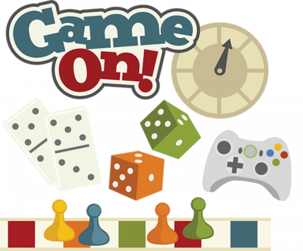 Graphic of different game pieces with text: Game On!