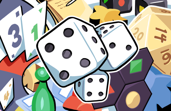 Board game items: cards, dice, meeples