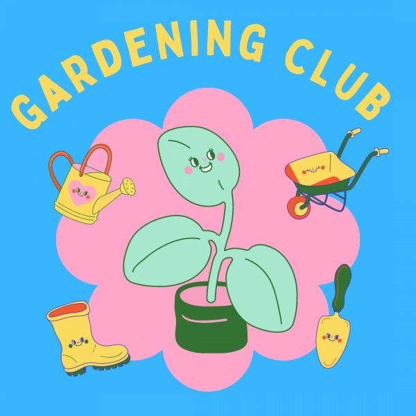 Gardening Club with illustration of a plant, watering can, boots, wheelbarrow and shovel