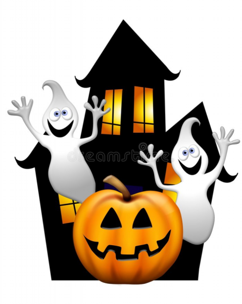 spooky house with two smiling ghosts coming out of the windows and a large jack-o-lantern in front of it