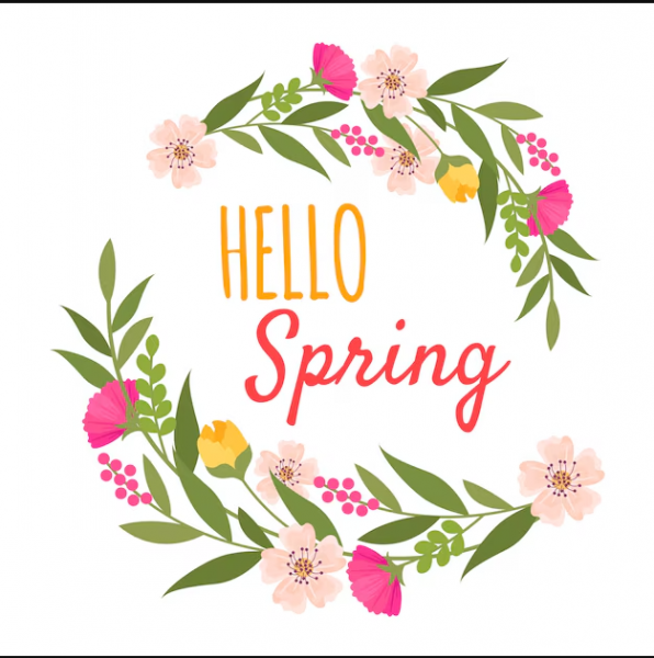 Hello Spring text surrounded by a colorful wreath of flowers