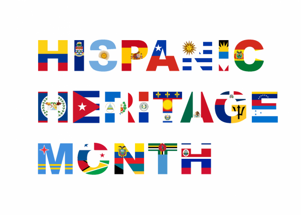 Hispanic Heritage Month text made up of various Hispanic/Latinx country flags.