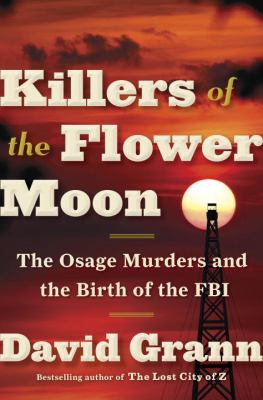 Killers of the Flower Moon Cover Art, an information tower set in front of a red sky and full moon