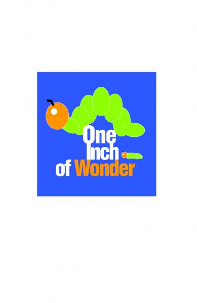 Cartoon-style graphic of a lime green caterpillar with an orange head crawling over the title "One Inch of Wonder" printed in white and orange block letters. A matching, smaller caterpillar lays flat next to the title.