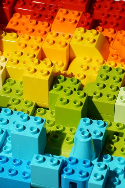 Red, orange, yellow, green and blue legos