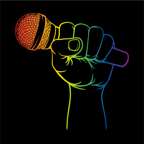 Illustration of a hand holding a microphone in a rainbow